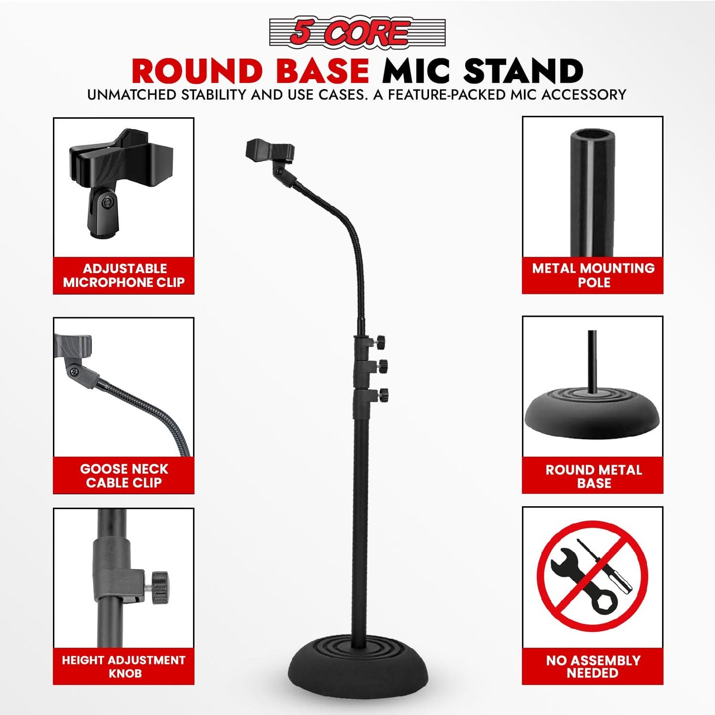 5Core Mic Stand Pair Floor Adjustable Universal Heavy Duty Gooseneck Microphone Stands Round Base Soporte De micrófono