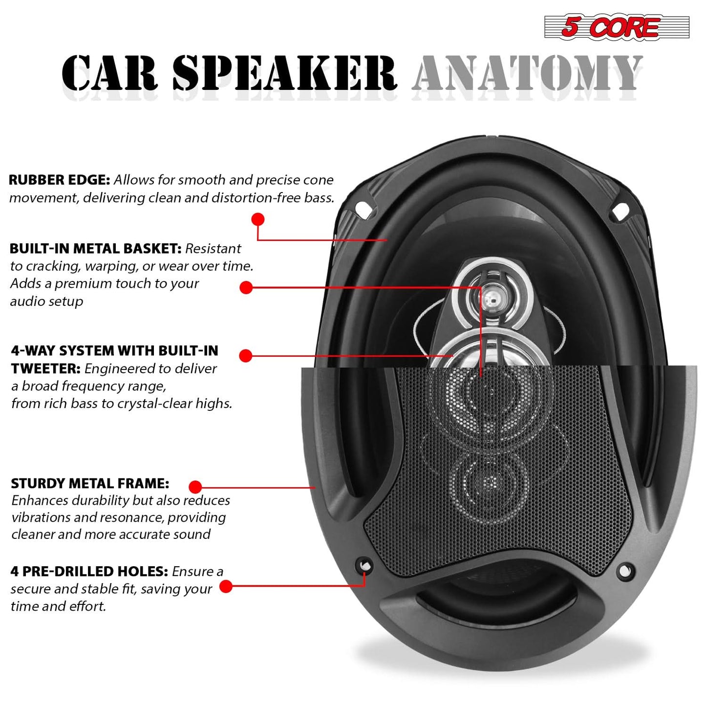 5Core 6x9 Car Speaker 800W Pair 4Ohm 4 Way Coaxial Speaker w Super Tweeter Universal Fit
