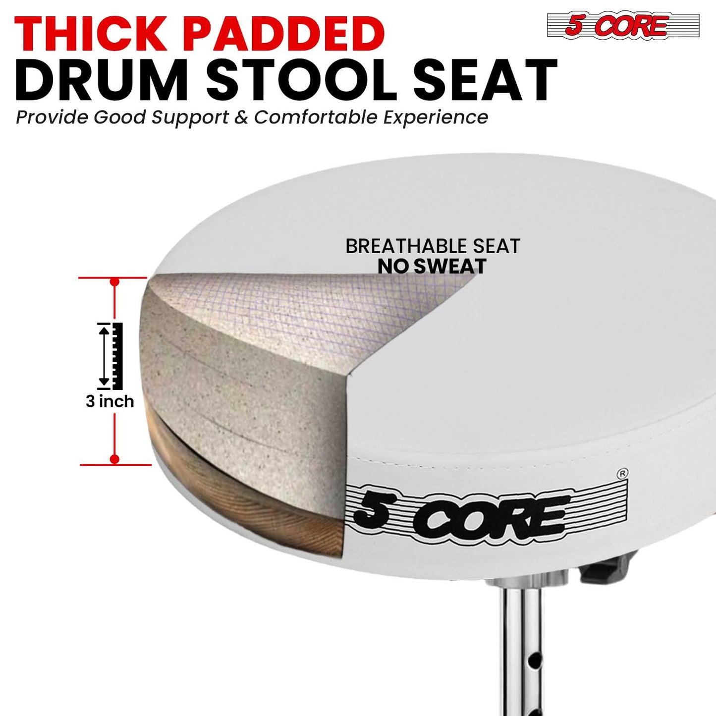 5 Core Drum Throne 3" Thick Padded Comfortable Guitar Stool Drummer Chair Adjustable Musician Seat