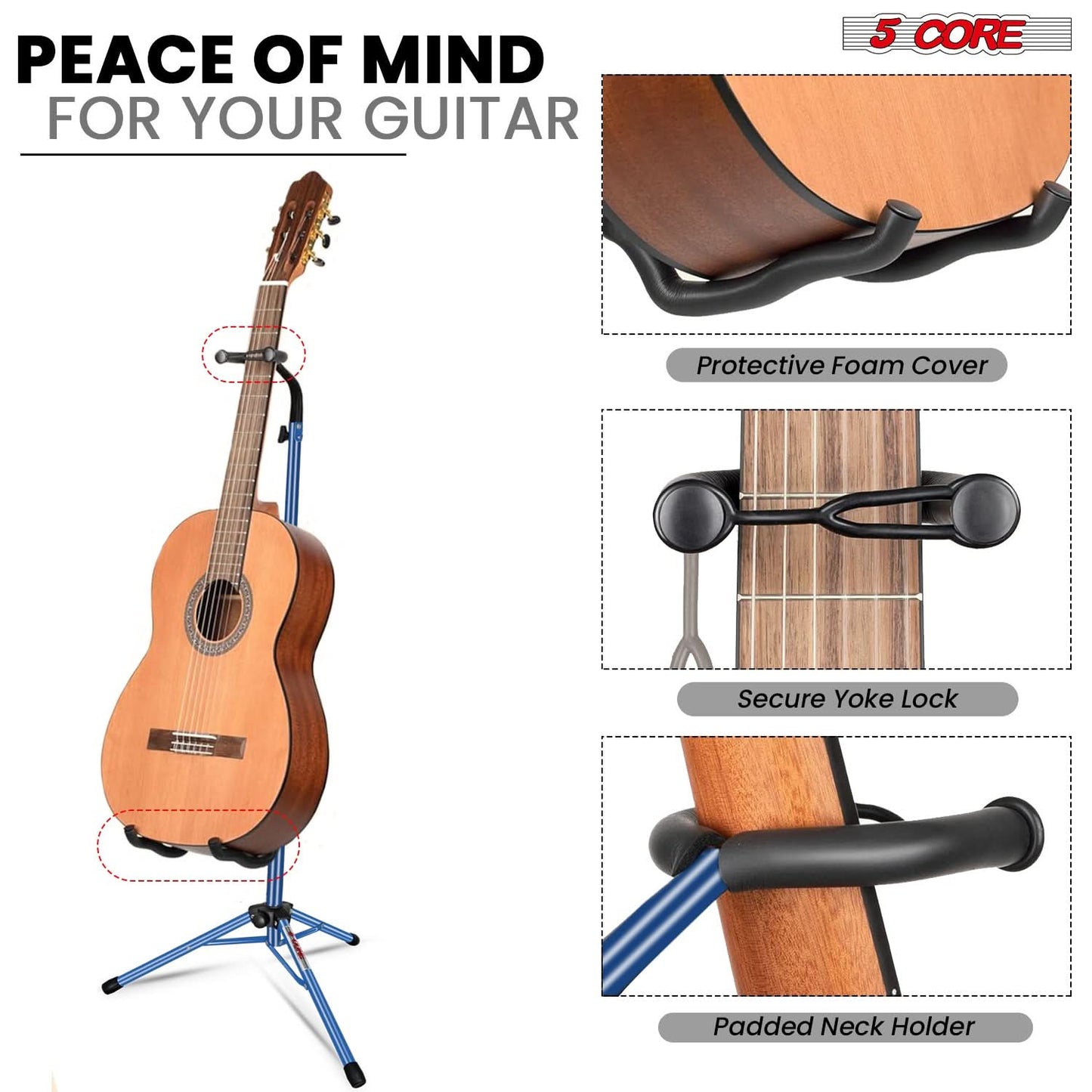 5 Core Guitar Stand Floor Adjustable Heavy Duty w Neck Holder for Acoustic Electric Classic Bass