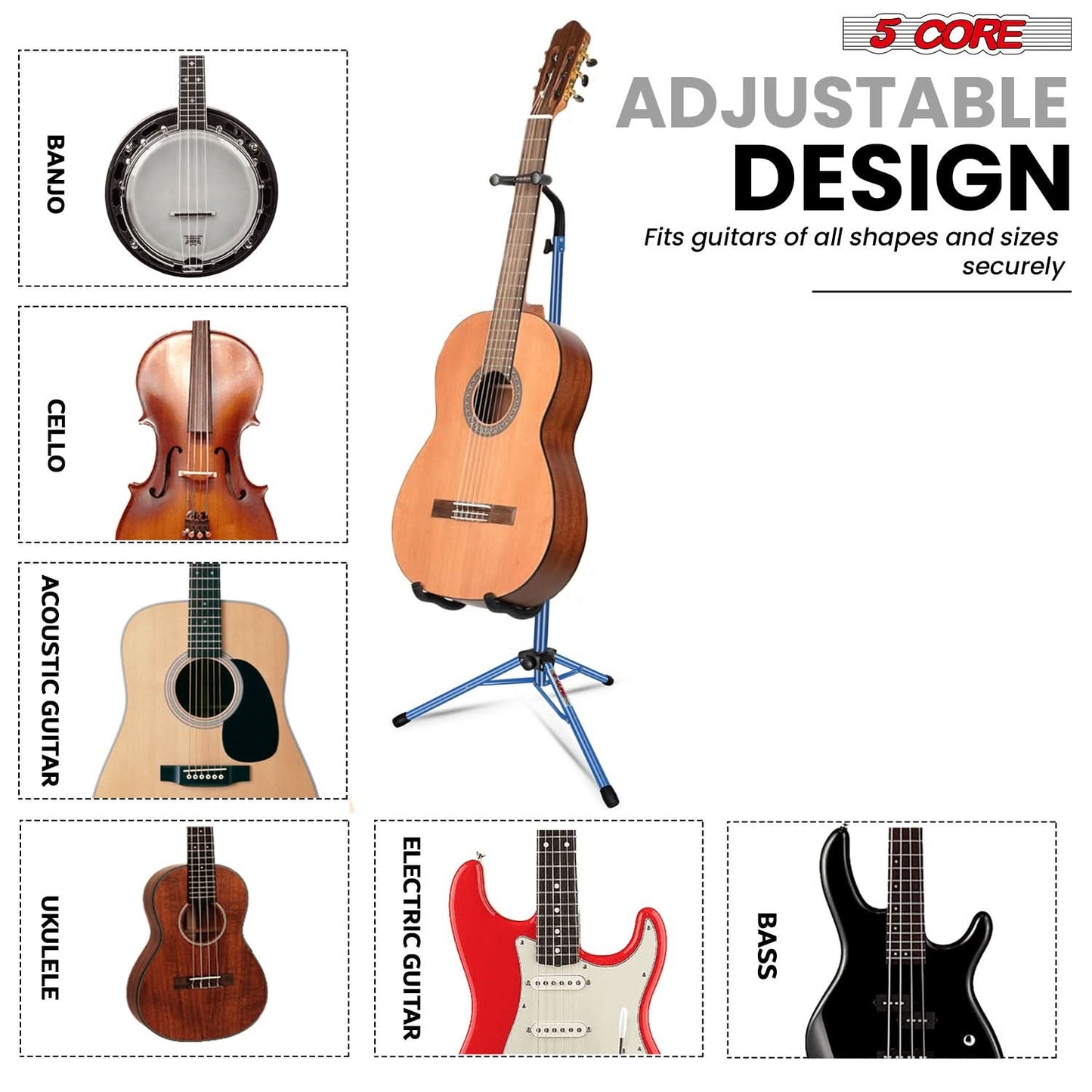 5 Core Guitar Stand Floor Adjustable Heavy Duty w Neck Holder for Acoustic Electric Classic Bass